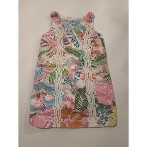 Lilly Pulitzer Girls Floral Shift Dress XS 4-5 Lace Sleeveless Pink Blue